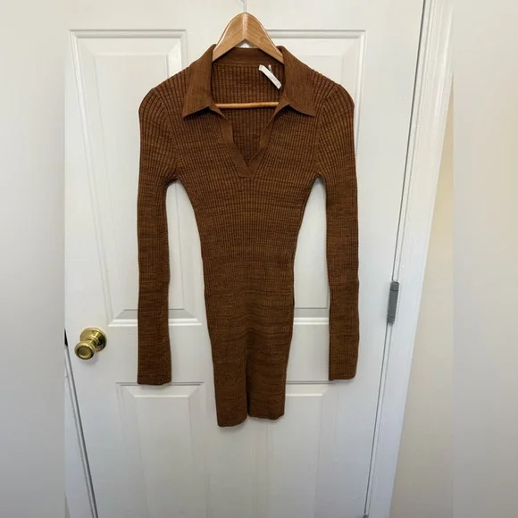 Helmut Lang Womens Dress Small Pecan Marl Stretch Knit Rib Mini Bodycon Designer - Picture 2 of 11